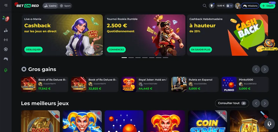 Ancienne interface BetOnRed avec accès Casino et Sport, promotions et sélection de jeux
