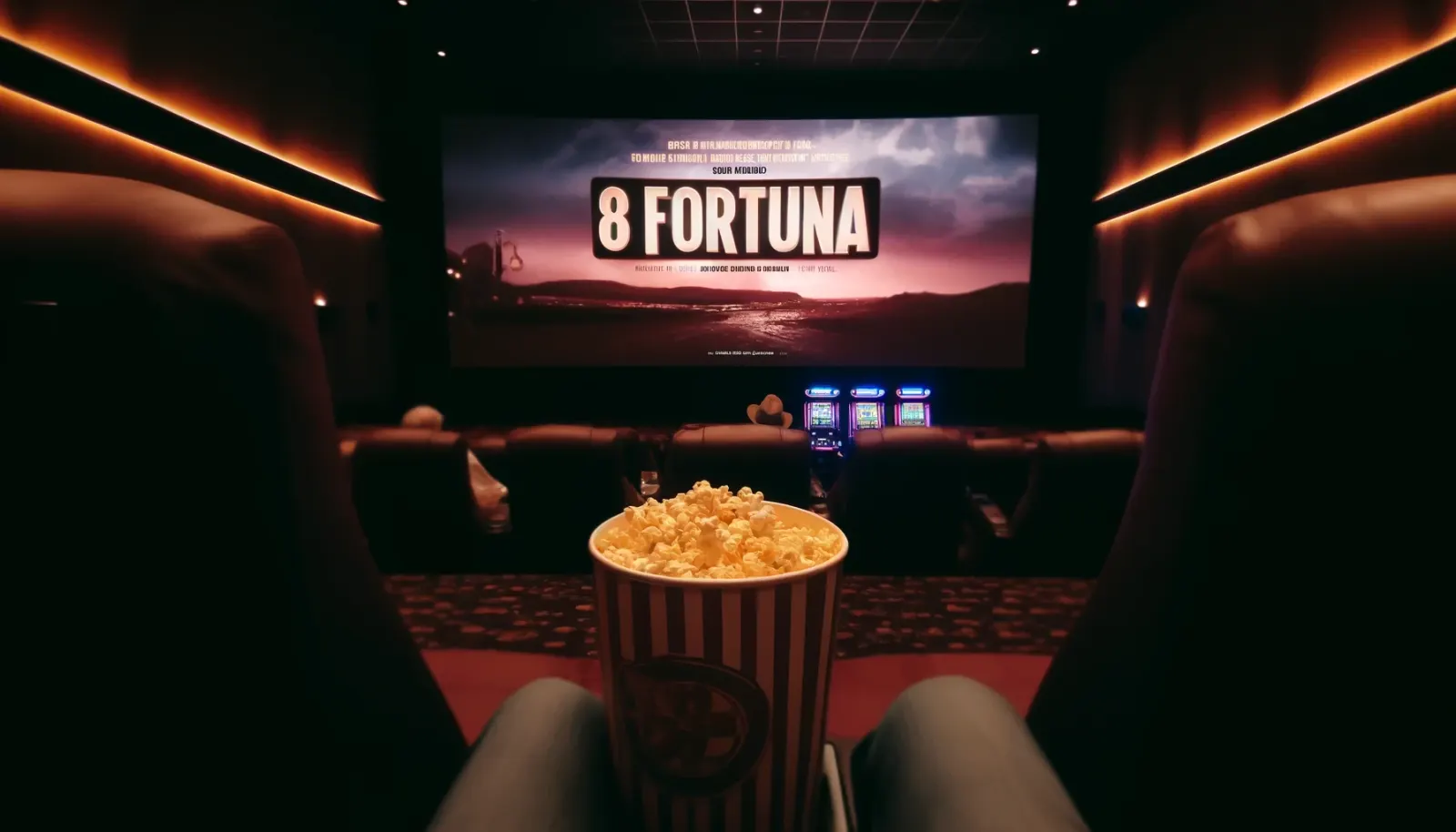 salle de cinema avec popcorn en premier plan, l'ecran affiche 8 fortuna casino en ligne