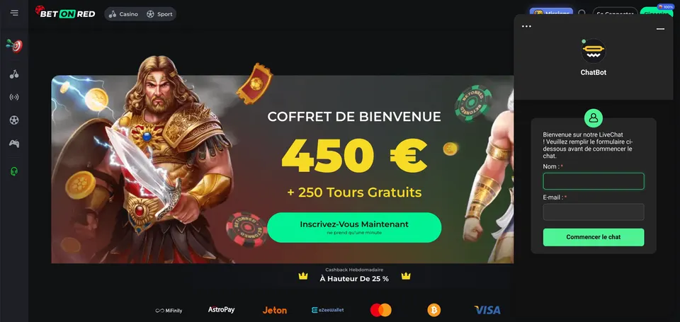 Ancienne fenêtre du chatbot BetOnRed avec formulaire de contact