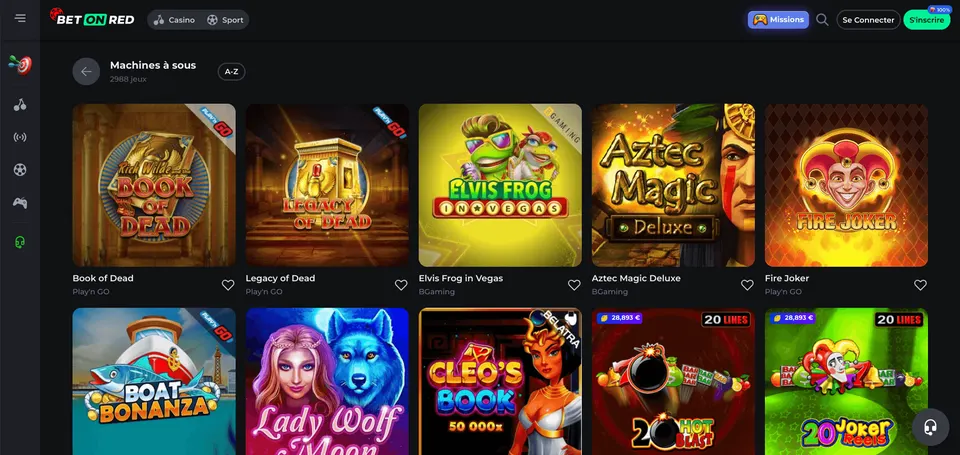 Ancienne sélection de slots BetOnRed montrant Book of Dead, Legacy of Dead et Elvis Frog in Vegas