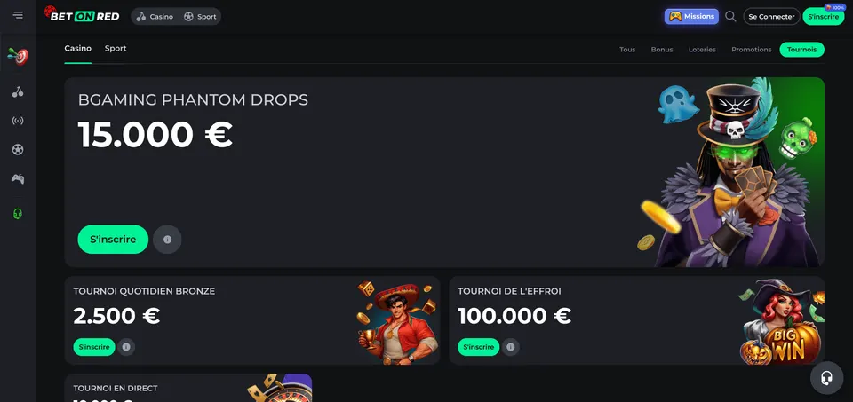 Ancienne page des tournois BetOnRed avec BGaming Phantom Drops et événements Halloween