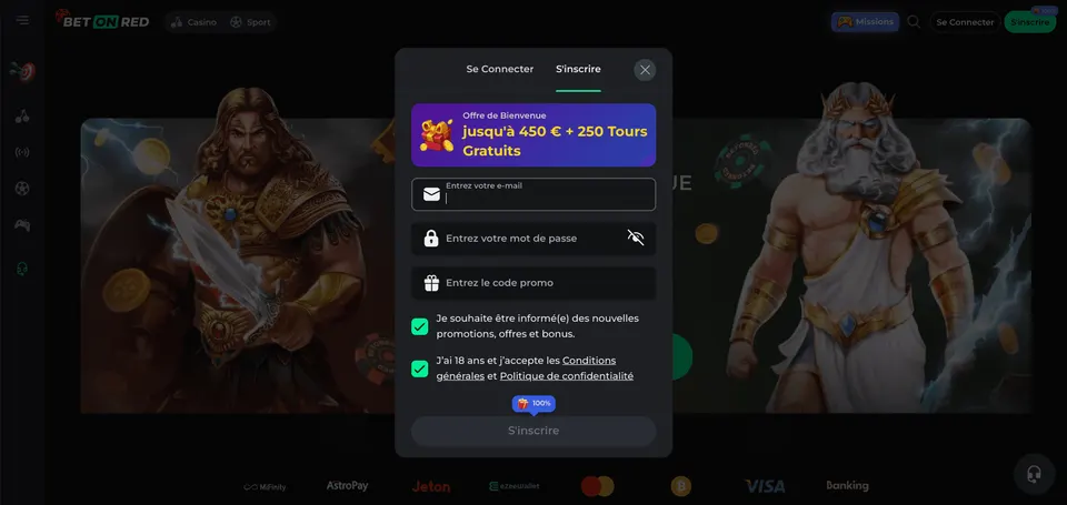 Ancien formulaire d’inscription BetOnRed avec email, mot de passe et code promotionnel