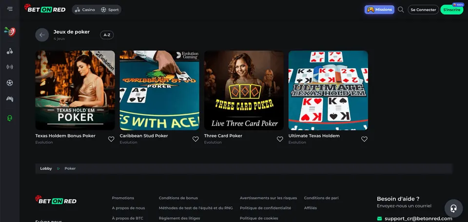 Ancienne rubrique poker BetOnRed présentant quatre variantes de casino Evolution