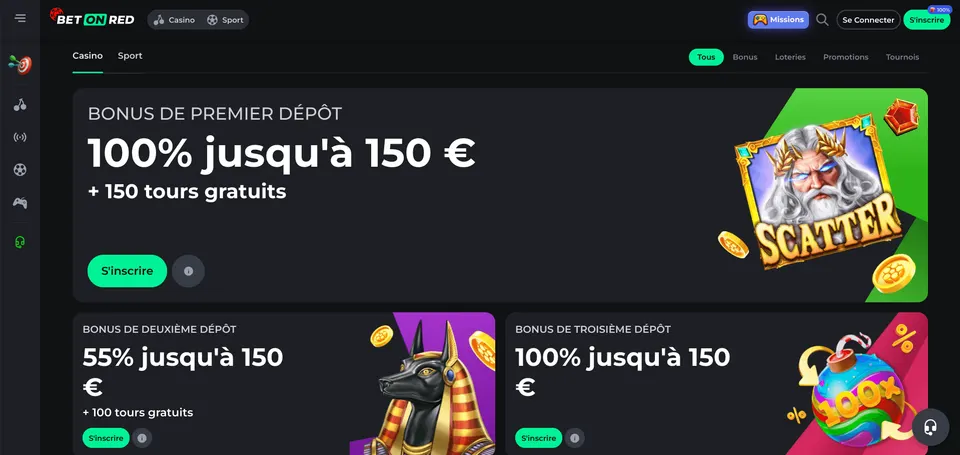 Ancienne page de bienvenue BetOnRed avec trois bonus plafonnés à 150 euros